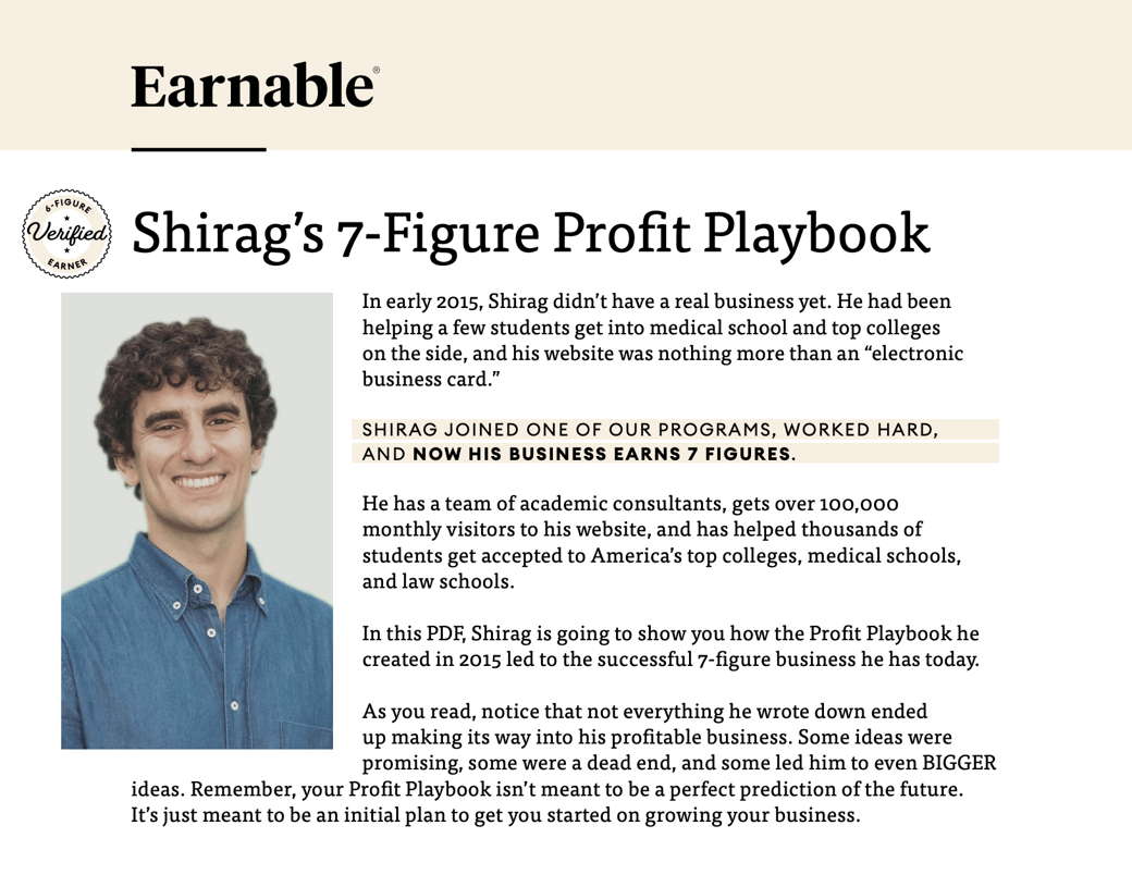 Earnable_Shirags 7-figure profit playbook